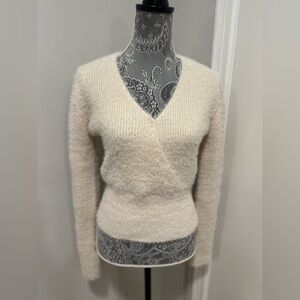 NWT Pink Rose Womans Sz:M Cream Fuzzy Soft Faux Wrap Vneck winter Cloud Sweater.